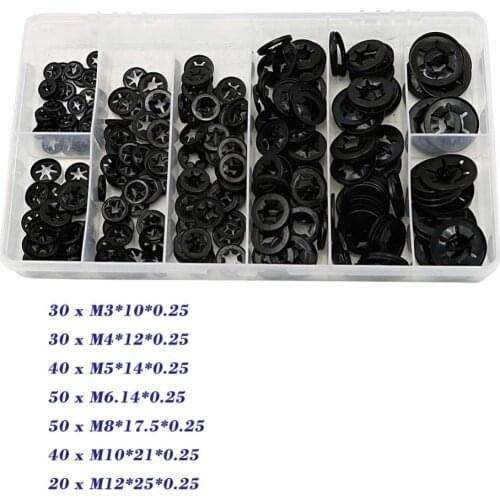 260PCS M3*10*0.25 Push Nut Star Lock Quicklock Starlock Washer Assortment Flat Washer Shaft Fastener Hardware Gasket Black