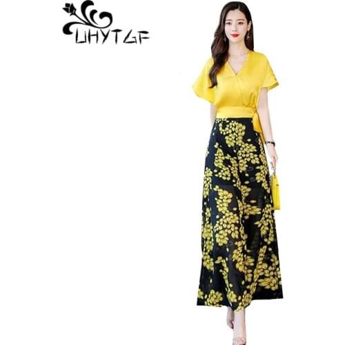 UHYTGF Fashion chiffon summer two piece set women printed high waist wide leg pants female sets short top thin 2 piece set 1412