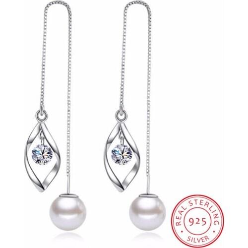 Newest pendientes 925 Sterling Silver Twist Zirconia Pearl Long Tassel Ear Line Drop Earrings For Women oorbellen S-E311