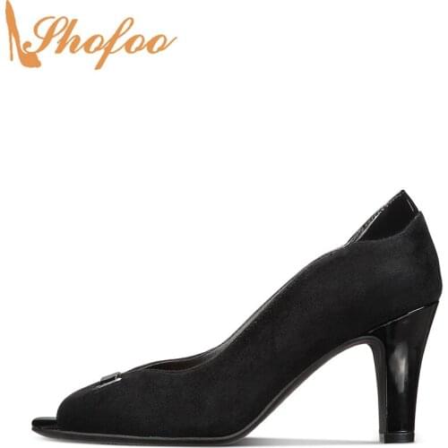 Black High Chunky Heels Pumps Peep Toe Woman Slip On Large Size 14 15 Ladies Autumn Fashion Strap Office Mature Shoes Shofoo