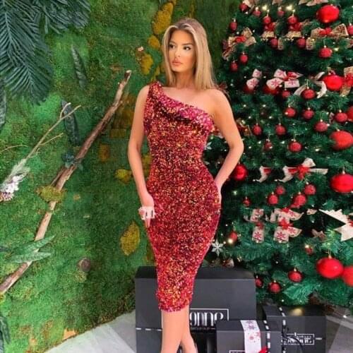 Sparkly Sequins Short Prom Dresses One Shoulder Sheath Women Prom Gowns Plus Size Special Occasion Dress Robe De Soiree Cheap