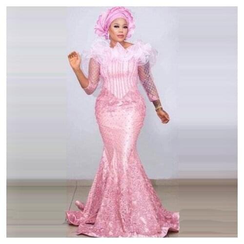 Aso Ebi Formal Evening Dresses Pink Mermaid Three Quarter Nude Sleeves Scoop Neck With Ruffles Appliques Prom Gala Wear