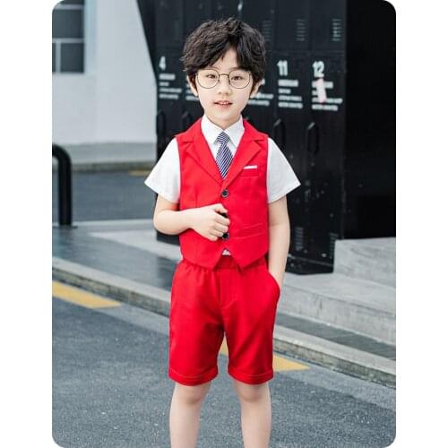 Flower Boys Summer Kids Vest Suits For Wedding Gentleman Boys Cotton Vest Shorts Tie Formal Clothes Baby Birthday Wear White Red