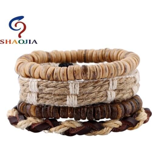 1Set 4pcs Set Bracelet Leather + Coconut Shell Beads + Hemp Rope Mens Leather Bracelet Pulseira Feminina Fashion Cuff Bracelets