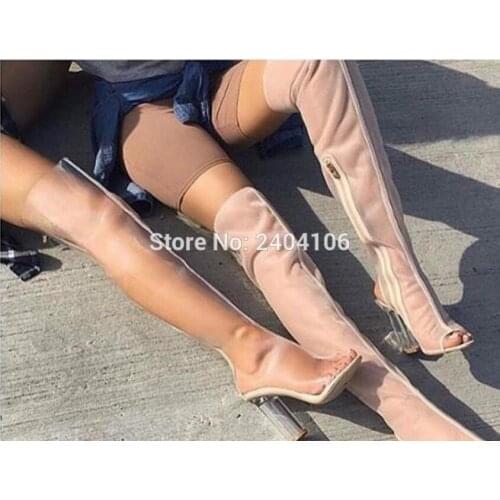 2016 LTTL Women thigh high boots perspex high heel PVC peep toe women over-the-knee clear boots drop shipping