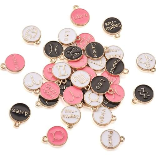 36pcs Enamel Charms Twelve Constellations Double Sided Pendants for DIY Necklace Bracelet Jewelry Making Accessories Pink White