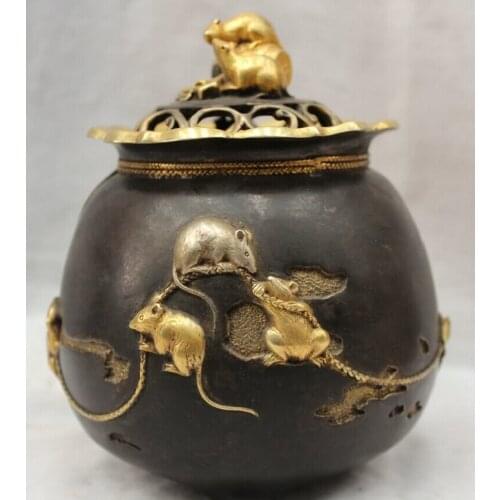 Free shipping S2177 Marked Chinese Dynasty Palace Bronze 24k Gilt Mouse Mice Incense Burner Censer