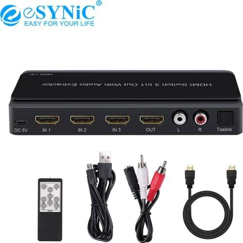 ESYNiC 4K 3x1 HDMI Switch With Audio Extractor Converter Optical Toslink SPDIF RCA L/R Audio Output Support 4K 3D 1080P PIP