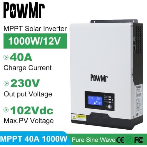 PowMr Hybrid Inverter 1000W MPPT Built-In 20A AC Charging Current Input 230AC DC12V Pure Sine Wave Inverter With Circuit Breaker