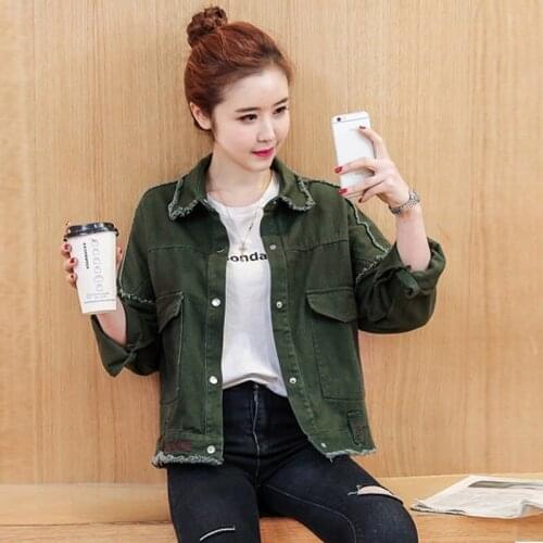 Green Denim Jackets Women Loose Fit Lapel Ripped Frayed Harajuku Ladies Coats Solid Long Sleeve Big Pocket Short Outerwear New