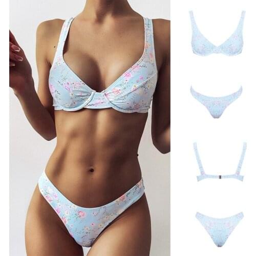 Hot kf-Womens Cute Blue Small Floral Underwire Split Bikini Fashion Swimming Suit