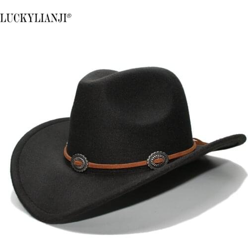 LUCKYLIANJI Womens Mens Unisexs Vintage Wool Felt Cowboy Wide Brim Bowler Hat Turquoise Braid Band (57cm)