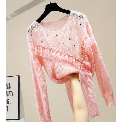 Fashion Womans Sweater Sequin Beaded Sweet Irregular Lace Stitching Hollow Sweaters Female 2020 Autumn New Loose Tops Jumper
