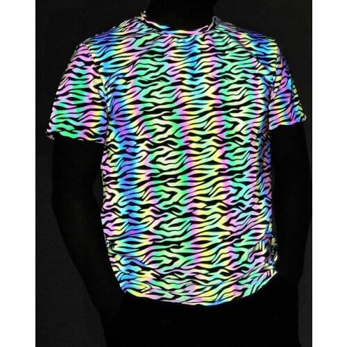2021 Mens New Elastic Colorful Reflective T-shirt Youth Fashion Short Sleeve round Neck T-shirt