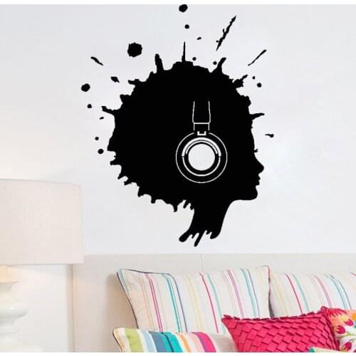 Music Headphones Decals Blot Woman Silhouette Wall Art Stickers Removable Home Decor Living Room 6930