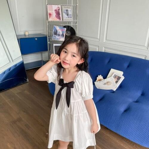 Summer New Arrival korean style girls dress princess short sleeve fashion with black bowknot for cute sweet baby girls