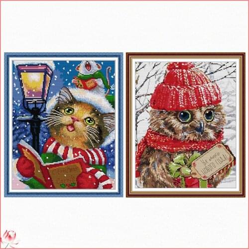 Animal Pattern The Cat And The Owl Cross Stitch Kit 14ct 11ct Printed Fabric Embroidery DIY Handmade Needlework Christmas Gift