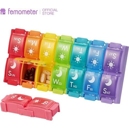 Removable 7 Day Pill BoxFemometer Weekly Pill Case 2-Times-A-Day Large Compartments Moisture-Proof Portable Travel Container