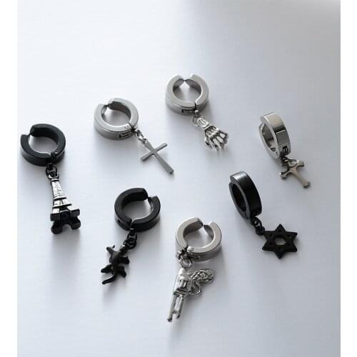 1 Pc Stainless Steel Earrings Men Women Fashion Hiphop Rock Style Cross Dangle Hoop Clip on Earrings Non-Piercing Ear Cuff Clip