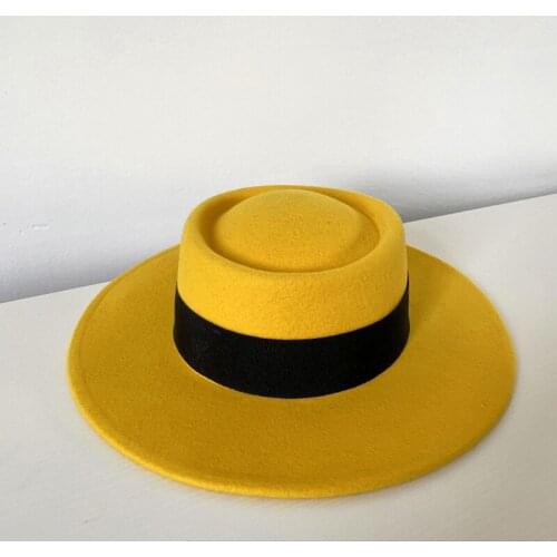 Ladies Winter Quality Wool Concave Top Wide Brim Hats For Women Flat Top Yellow Chapeu Fedora Hat Sombrero Mujer Church Dress