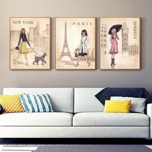 Modern Home Decor Canvas Art Painting Roma London Travel Girl Print For Girls Bedroom Decor Hand Drawing Posters Wall Pictures