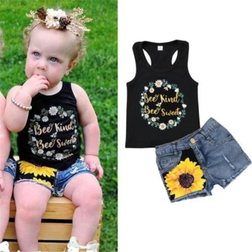Sunflower Baby Girls Tracksuit 2pcs Outfits Vest Tops+Ripped Jeans Shorts Suits roupa menina 2020 Children Denim Clothes Set