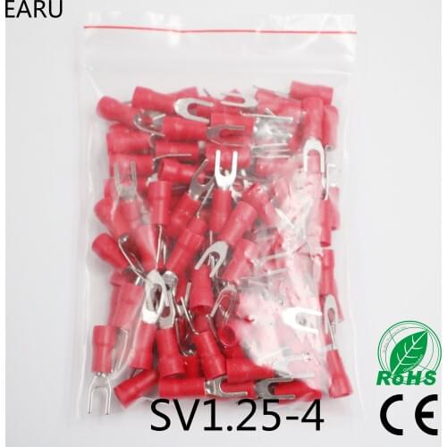 SV1.25-4 Red Furcate Fork Spade 22~16AWG Wire Crimp pressed terminals Cable Wire Connector 100PCS/Pack SV1-4 SV