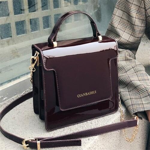 Patent Leather All-Matched Portable Chain Attached One Single Shoulder Sling Cross Body Square Bag for Women F031