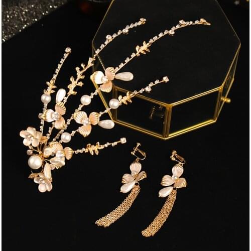 Vintage Gold Headbands For Women Bridal Hair Accessories Pearl Crystal Tiaras Hairbands With Earrings Sets 2 Pcs Hairgrips Women
