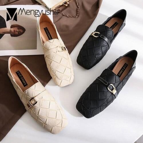 2020 Woman Knitted flats metal buckle belt loafers slip on espadrilles shoes for women square toe comfy weave moccasins 35-41