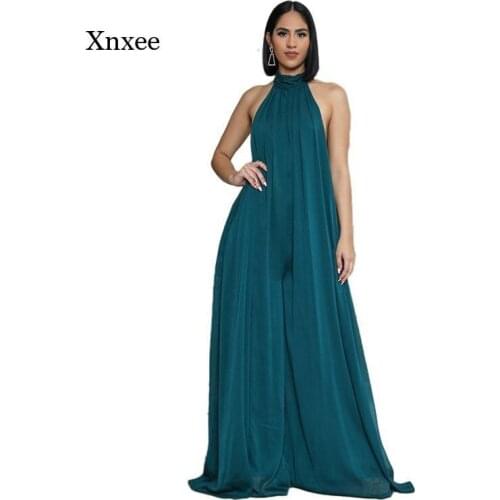 Women Straight Jumpsuits Pleated Chiffon Halter Backless Loose Rompers Long Overalls Elegant Party Club Jumpsuit Wide Leg Pants