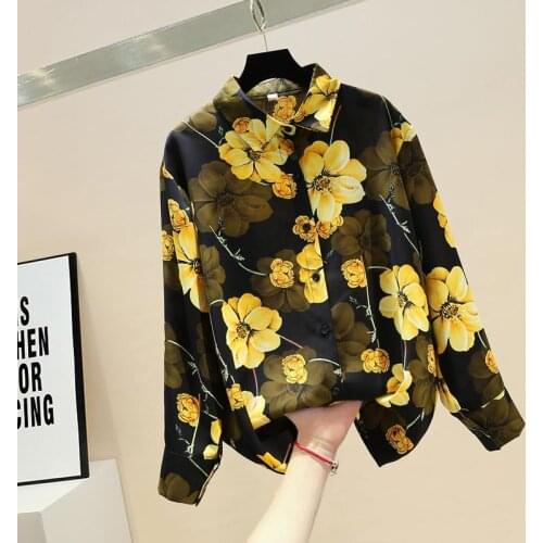 2021 Spring Retro Casual Commuter Loose Top Floral Print Chiffon Top Long Sleeve Shirt Women