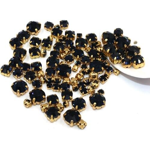 100pcs/bag Mixed size Ink blue glass strass crystal Clothing loose beads gold base sewing rhinestones diy Wedding decoration