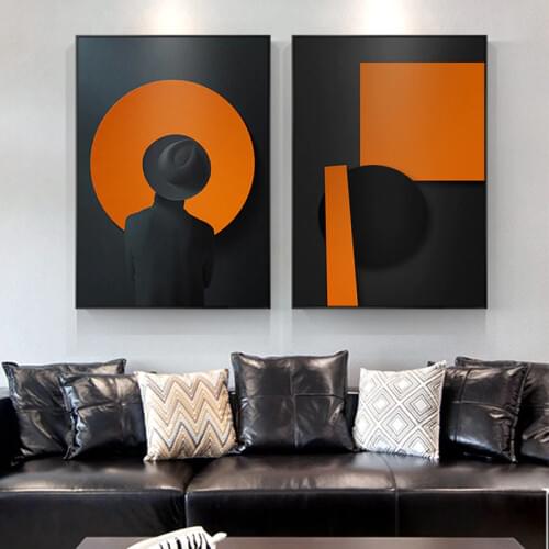 Abstract Clip Art Man with Black Hat Canvas Painting Posters Print Black Orange Wall Art Pictures For Living Room Bedroom