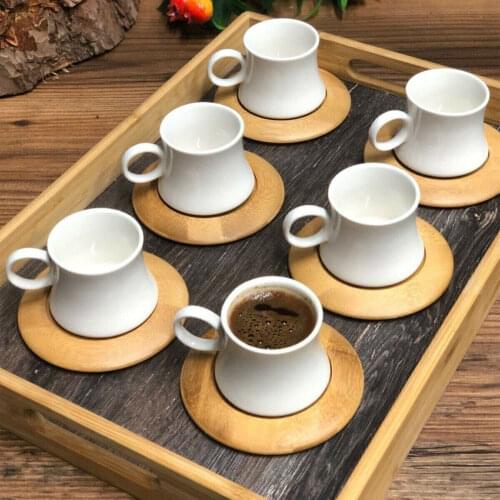 Bamboo Coffee Set 6 Person Brown Plate Espresso Elite Design Porcelain Cup