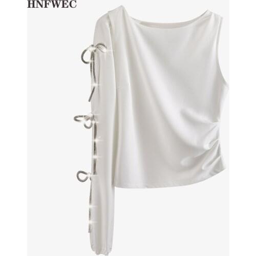 2020 new summer one sleeves drawstring white asymmetrical pullover T-shirt female fashion white satin top U900