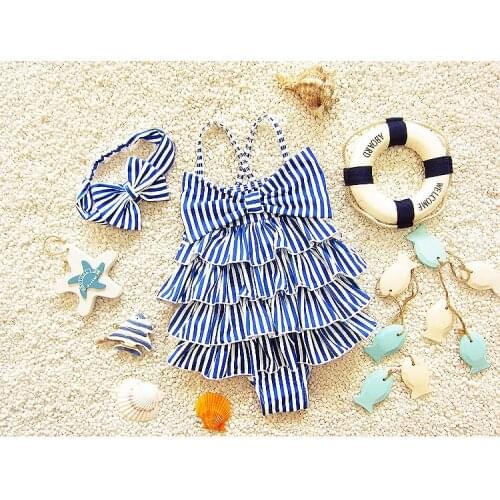Kids Girls One piece Swimming Suit Bowknot Stripe Cake Dress + Headband Swimwear Children Beach Wear Swimsuit SA4005