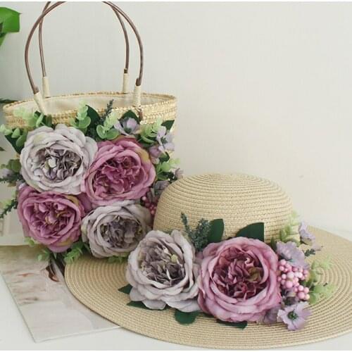 Elegant Ladies Straw Woven Handbag Women Holiday Flowers Beach Casual Tote Top-Handle Bags with Sun Hat 2021 Summer New
