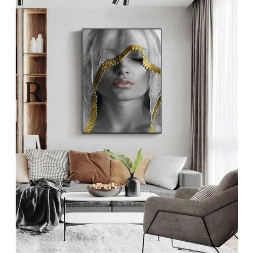 Art Pictures Scandinavian Cuadros for Living Room Decor Golden Makeup Women Canvas Paintings Posters and Print Nordic Style Wall