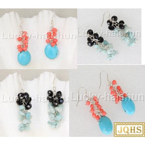 JQHS Dangle black Agate aquamarine pink coral blue turquoise Beaded Earrings 18KGP hook j11840-3