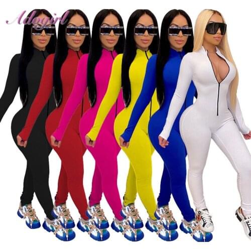 Fitness Solid Zipper Up Long Sleeve Skinny Sportwear Jumpsuits Women Sexy V Neck Night Club Party Rompers Outfit Street Playsuit