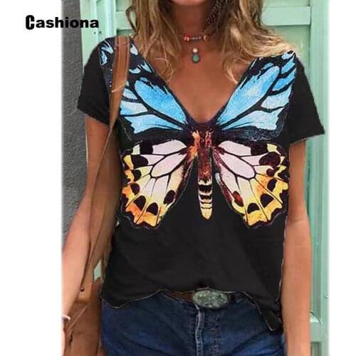 Cashiona 2021 Summer butterfly Print Womens Tees Casual Loose T-shirt V-neck Basic Top Pullovers Women Clothing Plus Size S-5XL