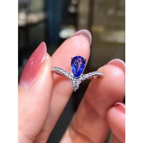 Fashion cute delicate tulips water drop Natural blue sapphire gem Ring S925 Silver Natural Gemstone Ring Womens office Jewelry