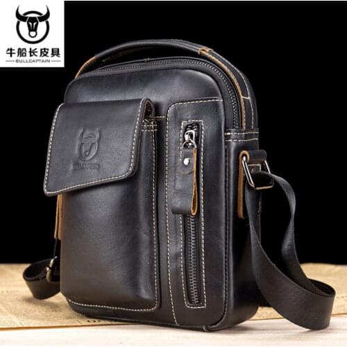 BULLCAPTAIN Genuine Leather Men Shoulder Crossbody Bags Cow Leather Fashion Handbag Brand Casual Mens Messenger Bag Black