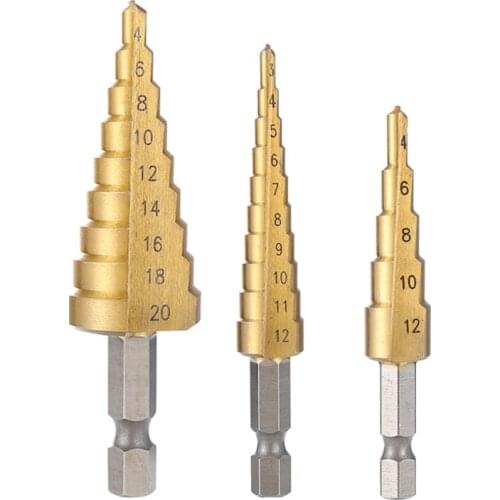 UANME Step Drill Bit Set Cone Hole Cutter Taper Metric 3-12mm 4-12mm 4-20mm 1 / 4 "titanium Coated Metal Hex Core Drill Bits