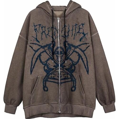 Y2k Hoodies brown Casual Zipper up jacket Sweatshirt Harajuku Coat E-girl Autumn Winter Graphic Printed Casual Pullovers Hoodie