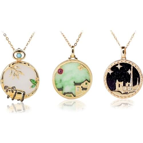 Natural Jadeite Landscape painting Retro womens Pendants Jewelry