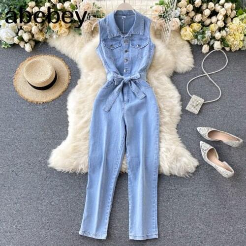 Summer New Denim Jumpsuit Women Sleeveless Pockets Bandage Vintage Straight Denim Overalls Female Street Wear Jumpsuit