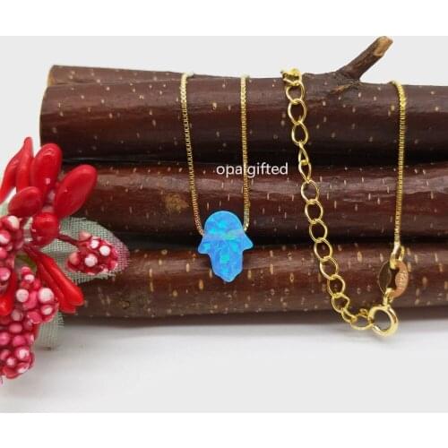 1pc Free Shipping Tiny 8x10mm white/light blue Synthetic Opal Hamsa Necklace 925 silver Gold Chain opal hamsa necklacce Jewelry