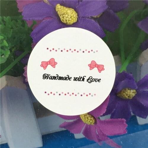 3.5cm 100Pcs/LotPink Bow-Knot Cute Pattern Stickers Handmade With Love Printed Jewelry Gift Cake Candy Dessert Box Seal Sticker
